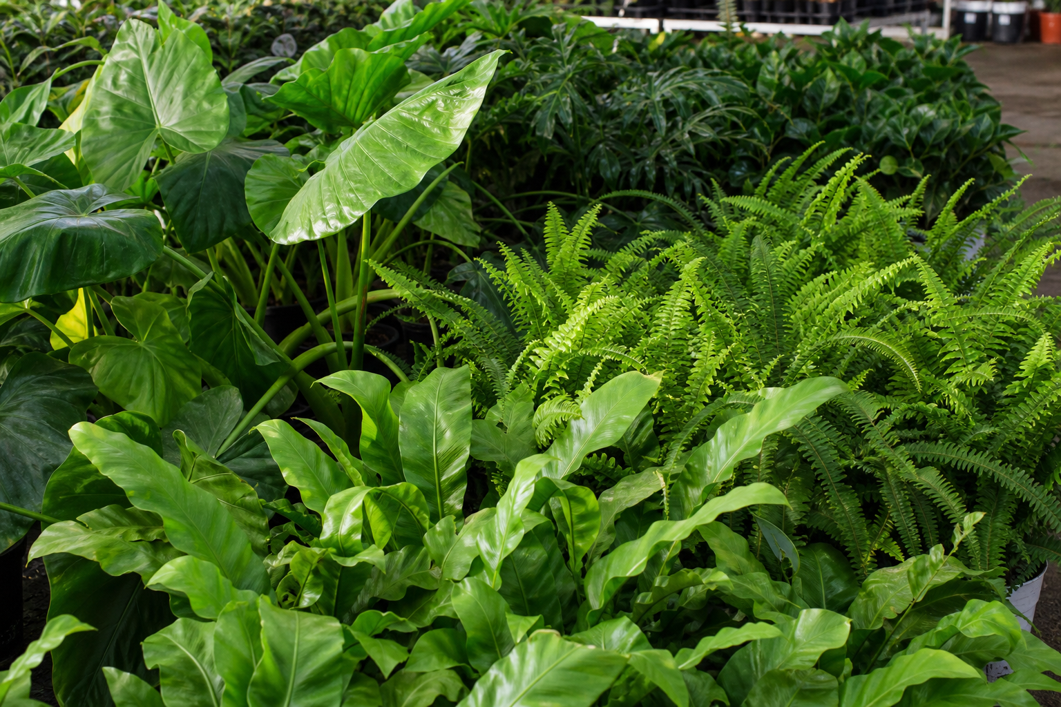 Dense nursery foliage and leafy canopy