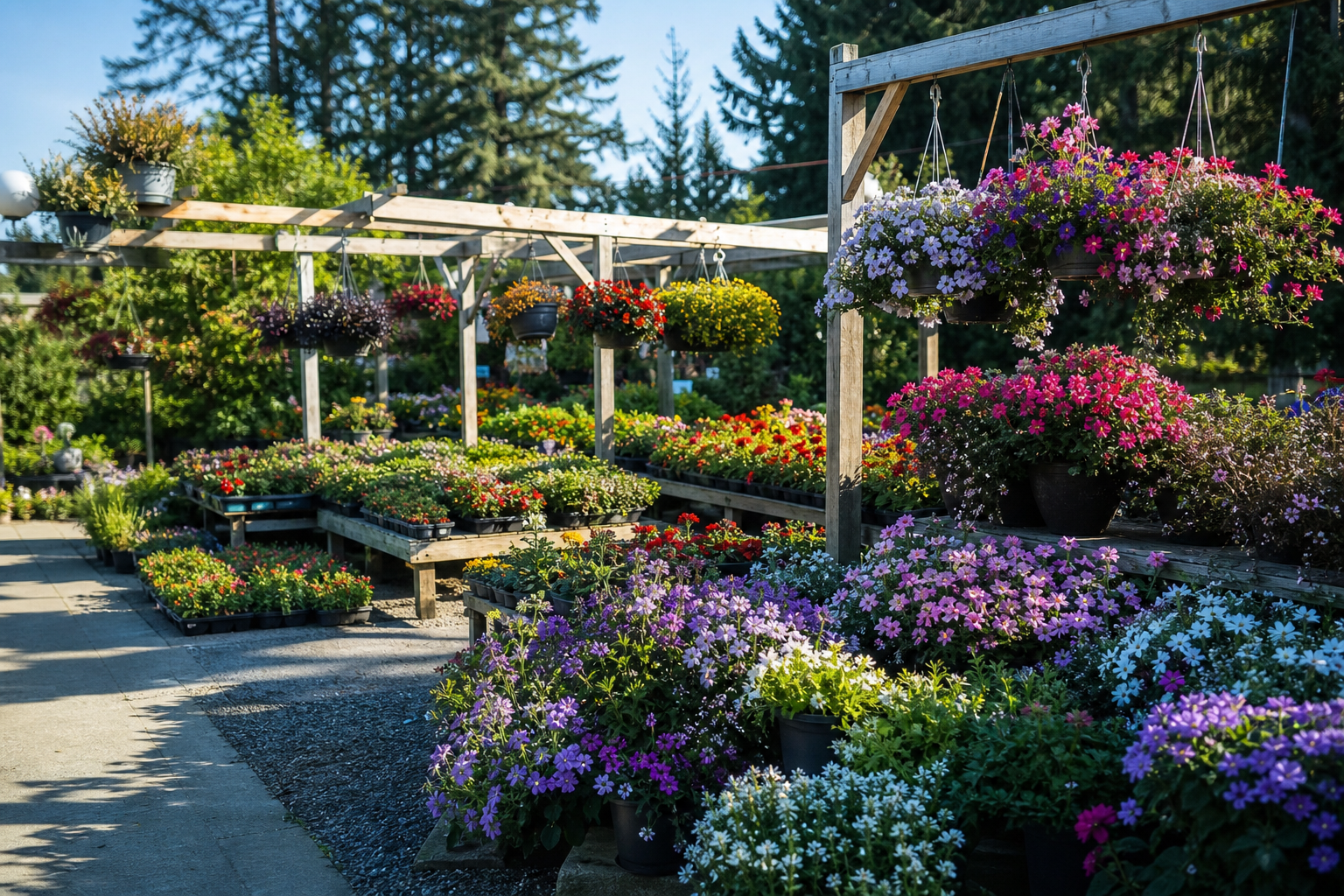 Colourful outdoor plant displays under timber frames