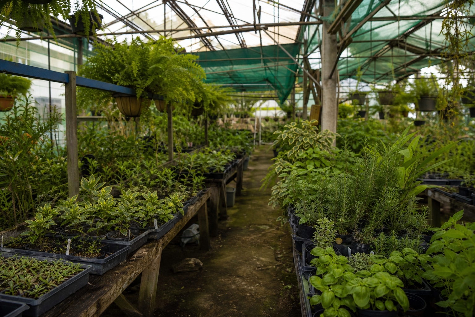 Greenhouse aisle with potted plants