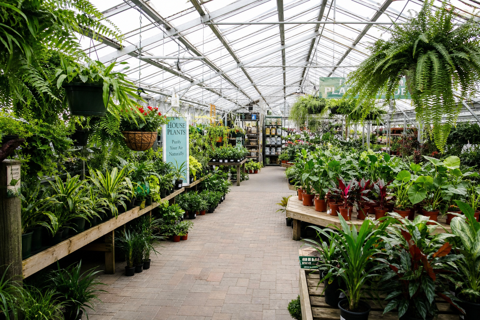 Plant centre greenhouse aisle filled with potted plants