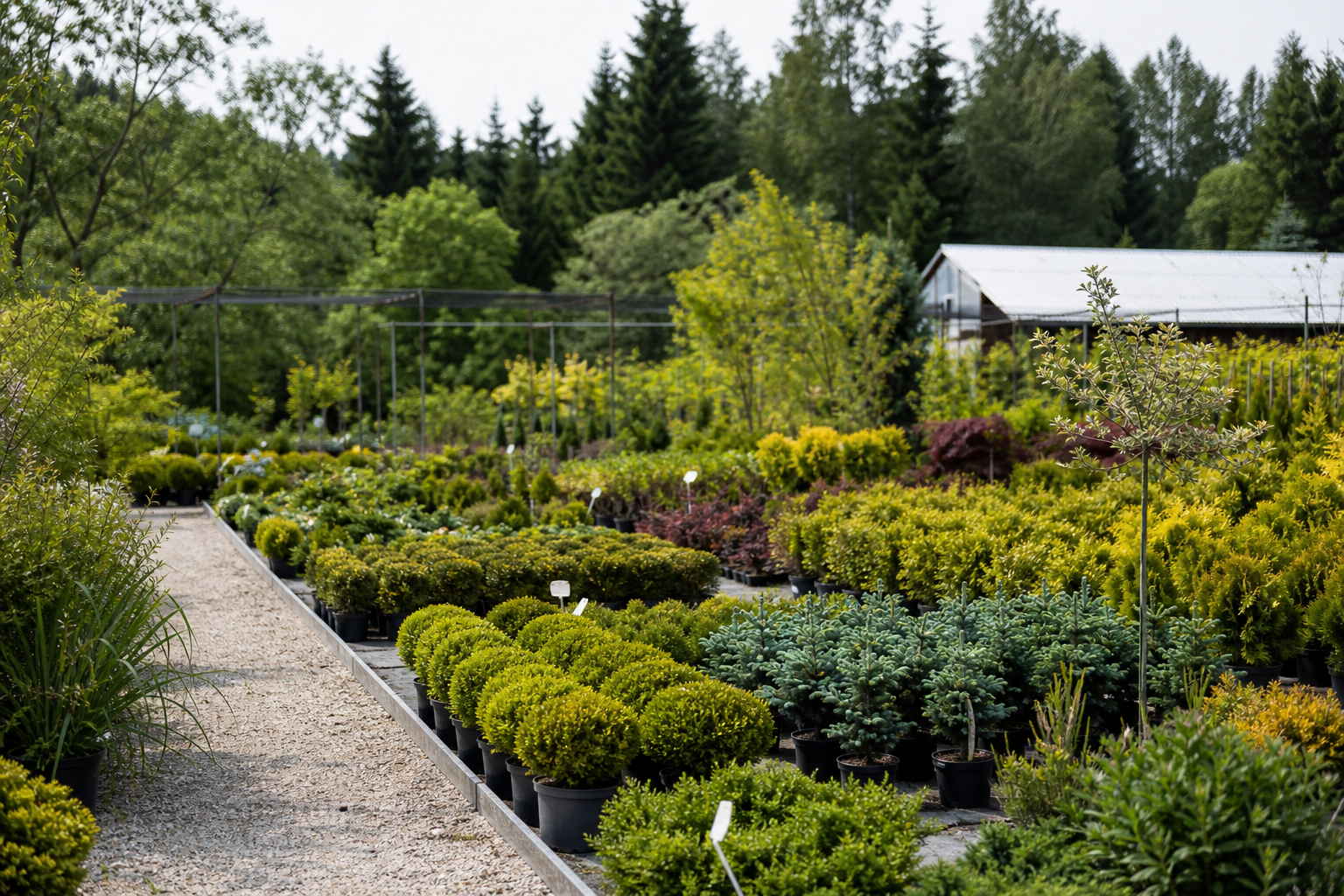 Nursery quarters with potted evergreens and greenhouse