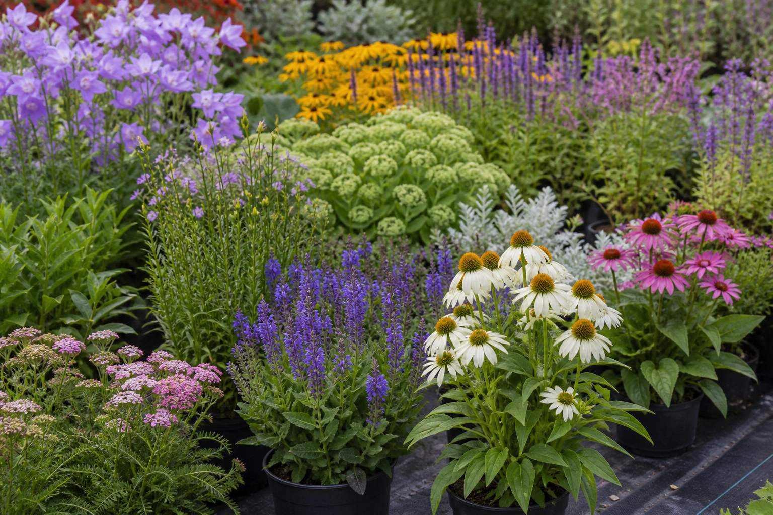 Container-grown nursery plants ready for planting