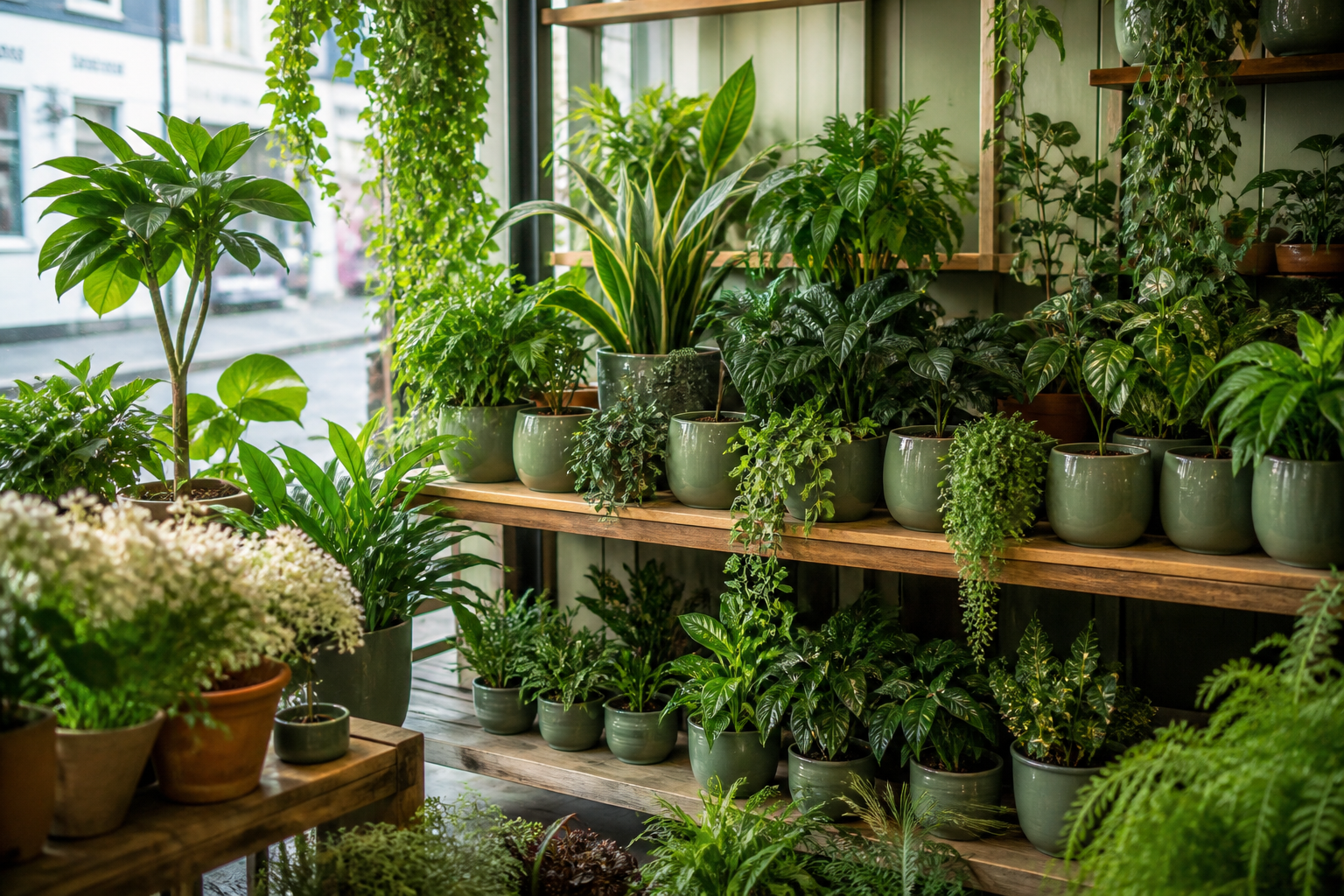 Plant shop displays with potted greenery